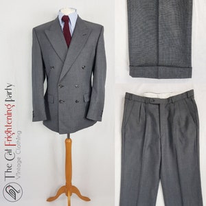 Vintage Gents Suits, Double Breasted Suit, Chest 38-40", Waist 36", Leg 31", Grey Wool, Pleat Front, Turn ups, Film Noir, Costume Department
