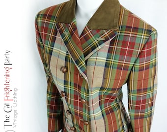 Vintage DAKS Signature Blazer, Size 12, Womens Tartan Jackets, Plaid Check Blazer, Riding Coat, Pure Wool, Preppy, Country, Double Breasted