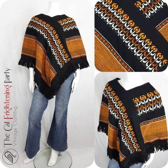 True Vintage 1970s Poncho One Size Orange & Black… - image 1