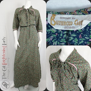 Vintage 1970s Dress, Size 12-14, Buttercup Clothes, Woodland Floral, Ditsy Print, 70s Maxi Dress, 70s Hippie, Prairie, 70s Folk Aesthetic,