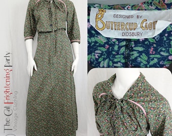 Vintage 1970s Dress, Size 12-14, Buttercup Clothes, Woodland Floral, Ditsy Print, 70s Maxi Dress, 70s Hippie, Prairie, 70s Folk Aesthetic,