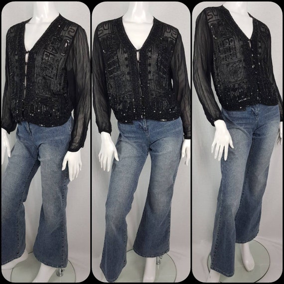 Vintage 90s do 70s Black Beaded Sequin Top Sheer … - image 1