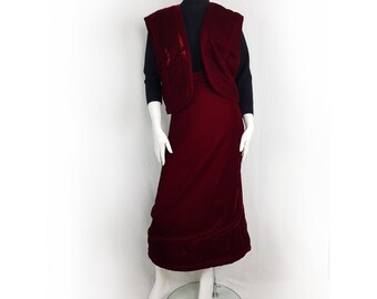 Skräddarsydd vintage-outfit, röd sammetskjol och väst, storlek 18, handgjord vintage, quiltad sammet, unik vintage, bohemisk hippie,