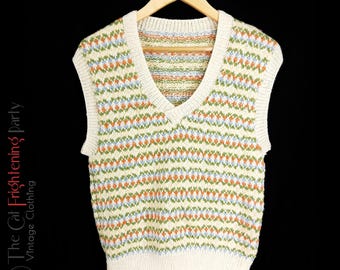 Vintage Tank Top, Hand Knitted, Unisex, Size 12-14, Mens 38", Fairisle, Handmade Sweater Vest, Vintage Jumpers & Sweaters