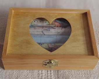 Ring box ring box jewelry storage jewelry box wood handemade unique cotton box heart world map