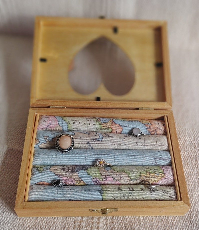 Ring box ring box jewelry storage jewelry box wood handemade unique cotton box heart world map