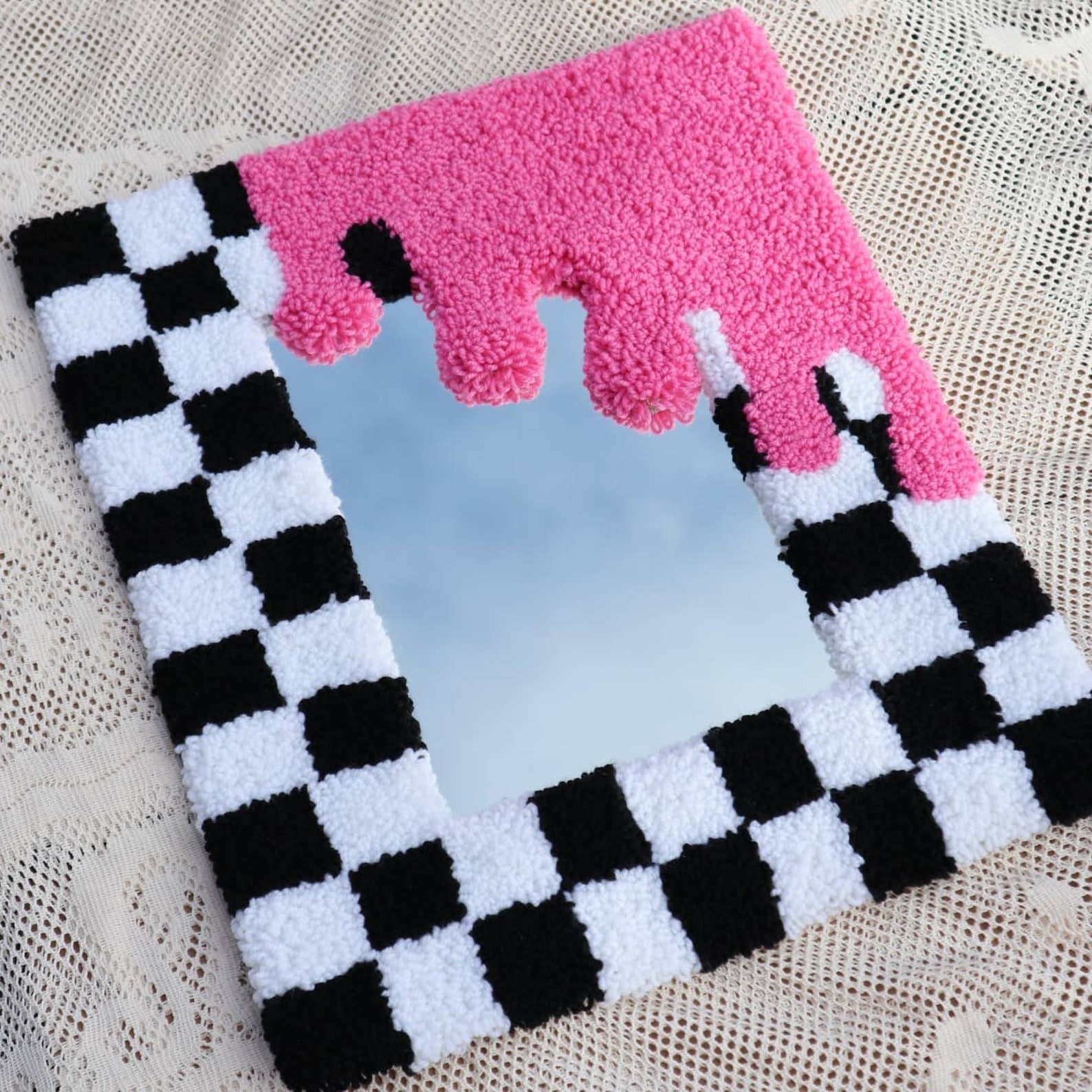 Rug mirror/tufted mirror/punch needle mirror/checkered mirror Etsy