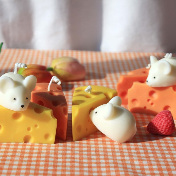 Cheese Candle (Yellow, Orange) with Jerry the Mouse, Hand-Poured Unique Art Soy Cute Scented Candle