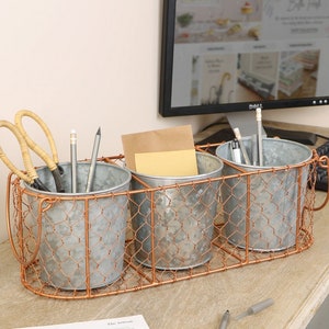 3 Compartment Desk Tidy Organiser Rustic Wire Basket Pen/Pencil Pot Holder Home Office Storage Accessory Practical Gift Present Idea