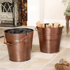 Vintage Style Kindling Bucket 17L Copper Finish Recycled Metal Fireside Log Basket Wooden Handle Fireside Accessory Log Store