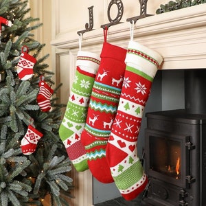 Christmas Stocking Extra Large Knitted Effect Red, Green & White Fair Isle Traditional Style Mantelpiece Festive Xmas Gift Stocking image 1