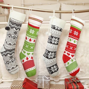 Knitted Traditional Christmas Stockings Grey Red White Green Mix and Match