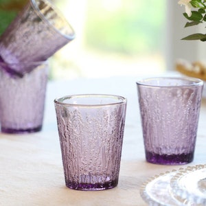 Set of 4 Glass Tumblers 260ml Purple Lavender Embossed Water Juice Cocktail Glasses Vintage Style Embossed Dishwasher Safe Glassware