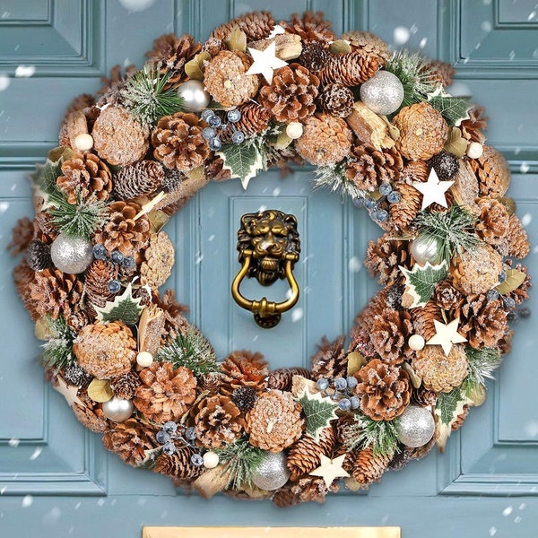 XL Winter Wreath Natural Pine Cone Decorative Front Door Garland with Bauble & Floral Decorations Rustic Country Style Home Décor