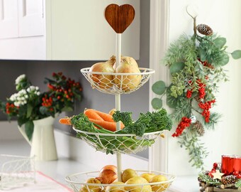 Three Tier Kitchen Work Top Fruit Vegetable Storage Basket Bowl Rack Countertop Worktop Storage Country Style Kitchen Accessory