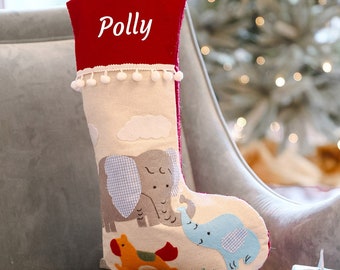 Personalised Baby's First Christmas Stocking 1st Xmas Gift Present Sack Cute Novelty Elephant Stocking Red Cuff with White Pom Pom Details