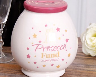 Ceramic Pink and White 'Prosecco Fund' Prosecco Money Pot Piggy Bank Gift for Her