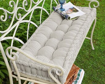 Vintage Style Grey Striped Print Garden Bench Cushion Outdoor Furniture Seat Pad 100% Cotton Machine Washable Reversible Seat Pad