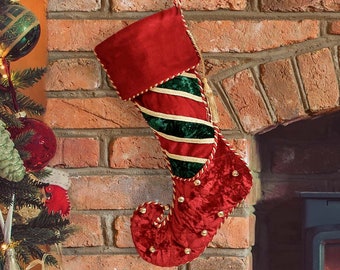 Velvet Christmas Stocking Elf Boot Hanging Xmas Gift Stocking with Bells Red & Green Striped Stocking with Gold Tassel