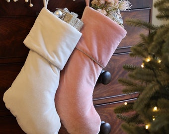 Velvet Christmas Stockings White & Blush Pink Soft Touch Fireplace Mantelpiece Xmas Gift Present Sack Stockings with Braided Band Finish
