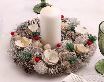 Winter Candle Wreath Natural Pine Cone Table Centrepiece Decoration White Winter Rose & Artificial Berry Pine Spray Wreath