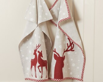 Tea Towel Set of 2 100% Cotton Machine Washable Country Stag & Snowflake Print Festive Style Kitchen Hand Towel Dish Cloths