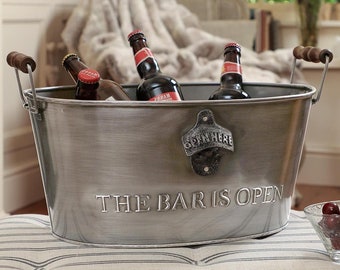 Large 11L Beer Cooler Bucket Recycled Iron Embossed Brushed Silver Finish Beer Bottle Cooler Garden Party Ice Bucket Bottle Opener Party Tub