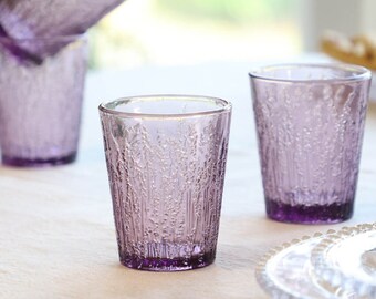 Set of 4 Glass Tumblers 260ml Purple Lavender Embossed Water Juice Cocktail Glasses Vintage Style Embossed Dishwasher Safe Glassware