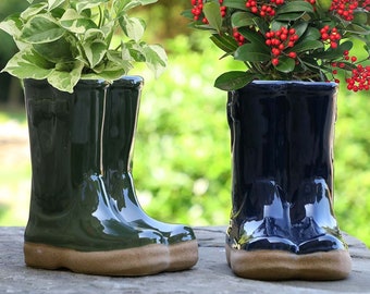 Small Double Wellington Boot Plant Pot Flowerpot Planter Dark Green Orange Novelty Garden Accessory Gift Idea