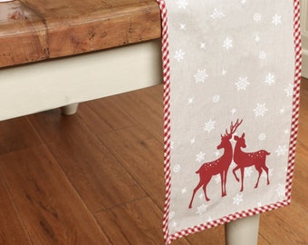 1.4 Metre Cotton Table Runner 100% Cotton Reindeer Stag & Snowflake Print Dining Table Runner Tablecloth Linen