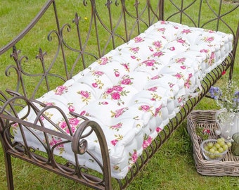 Vintage Style Pink Floral Garden Bench Cushion 100% Cotton Outdoor Furniture Seat Pad Cushion Rose Print Reversible Garden Cushion