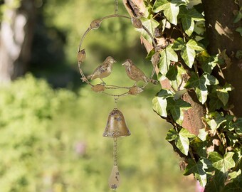 Vintage Style Distressed Brass Finish Ornate Hanging Bird Detail Wind Chime Bell Outdoor Garden Decoration Windchime