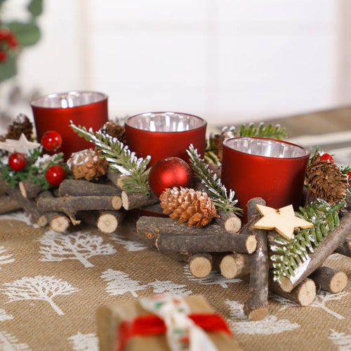 Triple Tea Light Candle Holder Red Bauble & Wooden Star Candle Etsy UK
