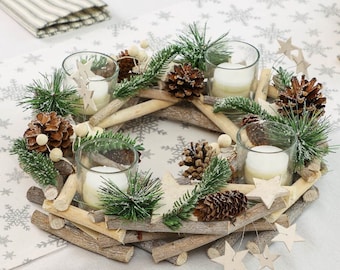 Winter Candle Holder Wreath Wooden Branch & Pine Cone Shooting Star Tea Light Candle Holder Dining Table Centrepiece Decoration