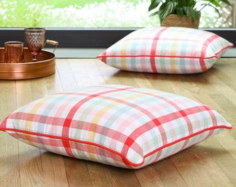 Set of 2 XL Rainbow Gingham Print Scatter Cushions 100% Cotton Machine Washable Removable Cover Throw Pillow Sofa Chair Furniture Cushions