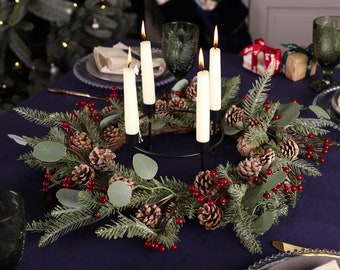 XL Christmas Candle Ring Winter Dining Table Centrepiece Wreath Pine Cone, Red Berry & Eucalyptus Leaf Dinner/Taper Candle Holder 24"