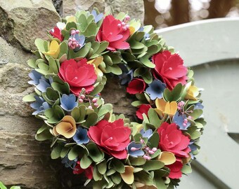 Floral Wreath Front Door Décor Wooden Multicoloured Large Flower Wreath Wildflower Garland Rustic Style Home Accessory Summer Wreath - D32cm