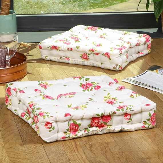 Set of 2 Large Floor Cushions With Handles 100% Cotton Quilted