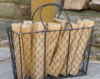 Woven Wire Kindling Bucket Industrial Style Fireside Log Basket Firewood Charcoal Storage Accessory Log Basket with Black Finish