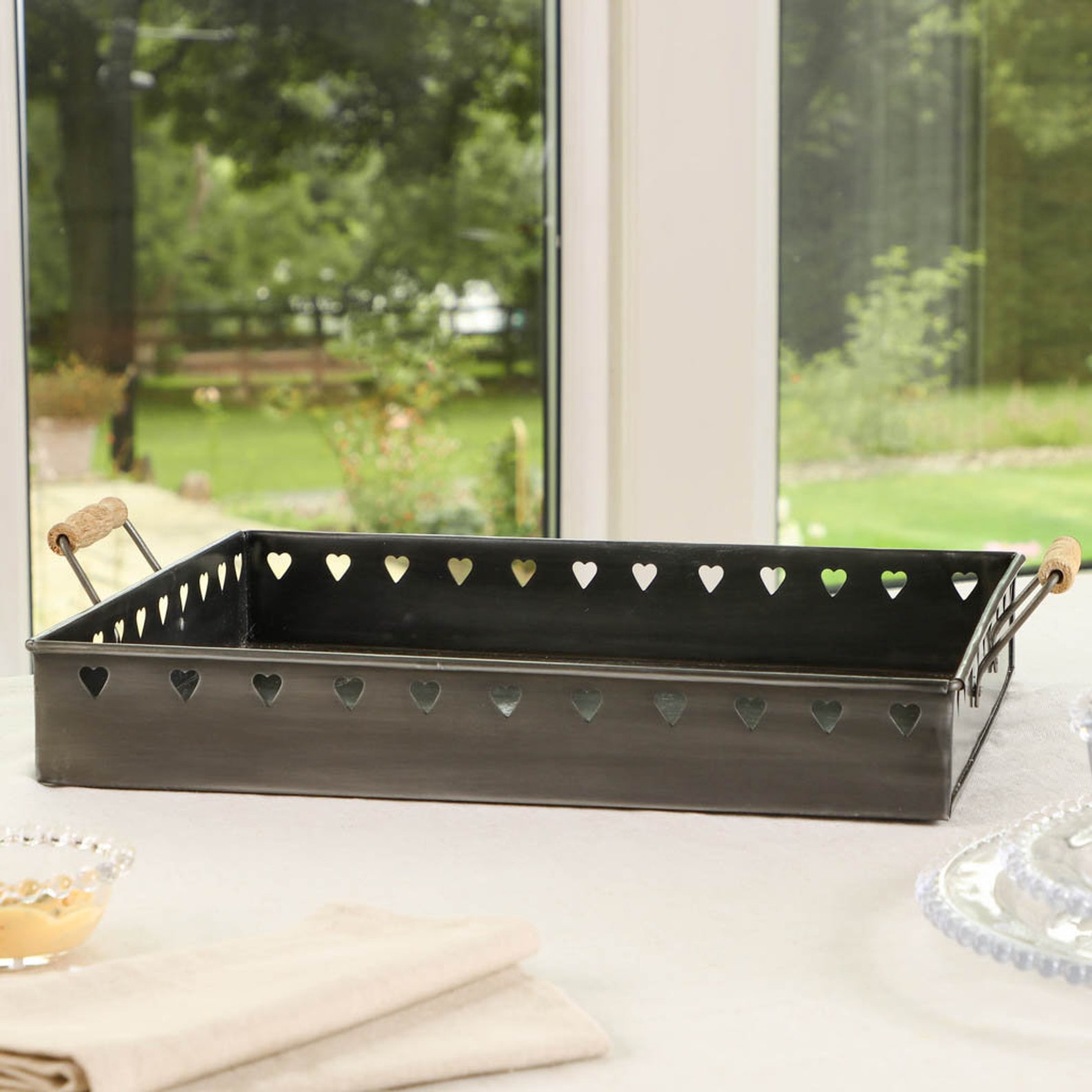 Metal Bar Tray Zinc Grey Wood Handled Rectangular Party Drink Etsy