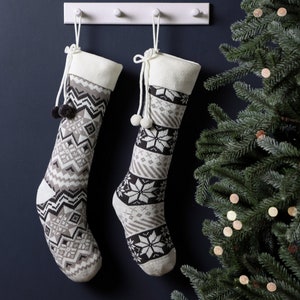 Knitted Christmas Stocking Extra Large Grey & White Nordic Fair Isle Traditional Style Mantelpiece Festive Xmas Gift Stocking