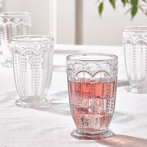 Set of 2 Clear Embossed Glass Tumblers & Hi Ball Glasses Water Juice Cocktail Glasses Vintage Style Dishwasher Safe Glassware