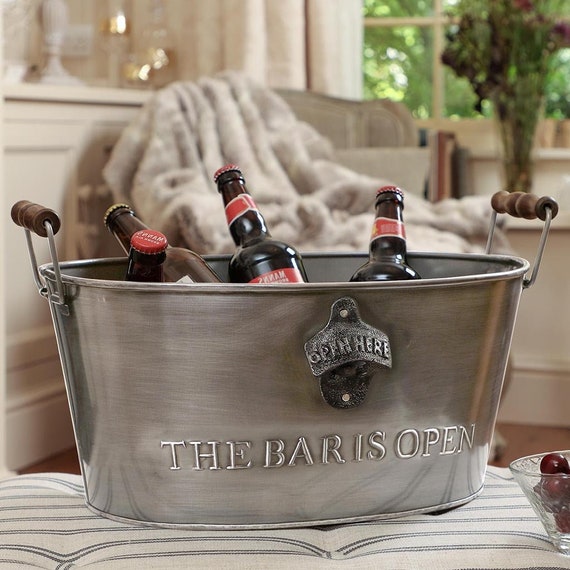 Large 11L Beer Cooler Bucket Recycled Iron Embossed Brushed Silver
