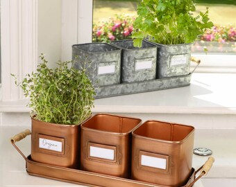 Set of 3 Square Herb Planters with Fitted Tray Recycled Metal Handmade Kitchen Windowsill Worktop Countertop Indoor Flower Pot Planter Set