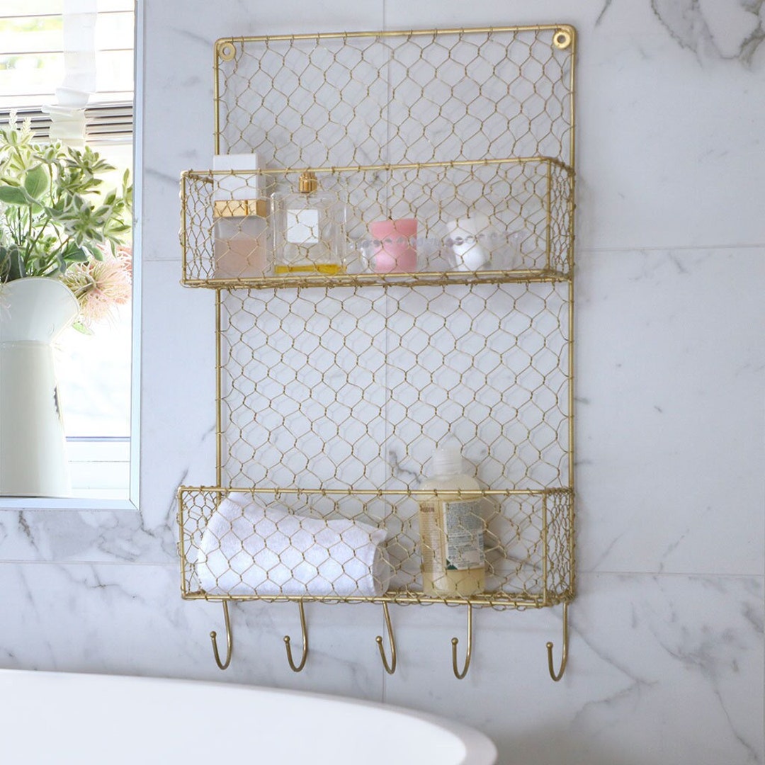 Bathroom Storage Unit Shelf 2 Tier Gold Industrial Wire Wall Mounted ...