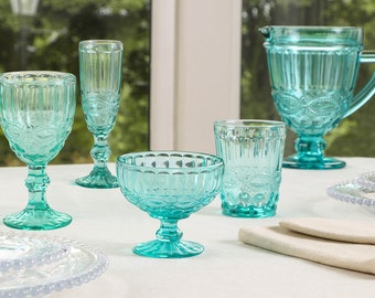 Turquoise Glassware Collection Dishwasher Safe Vintage Style Baroque Embossed Pitcher Jug, Wine Goblets, Drinks Tumblers, Bowls & Flutes