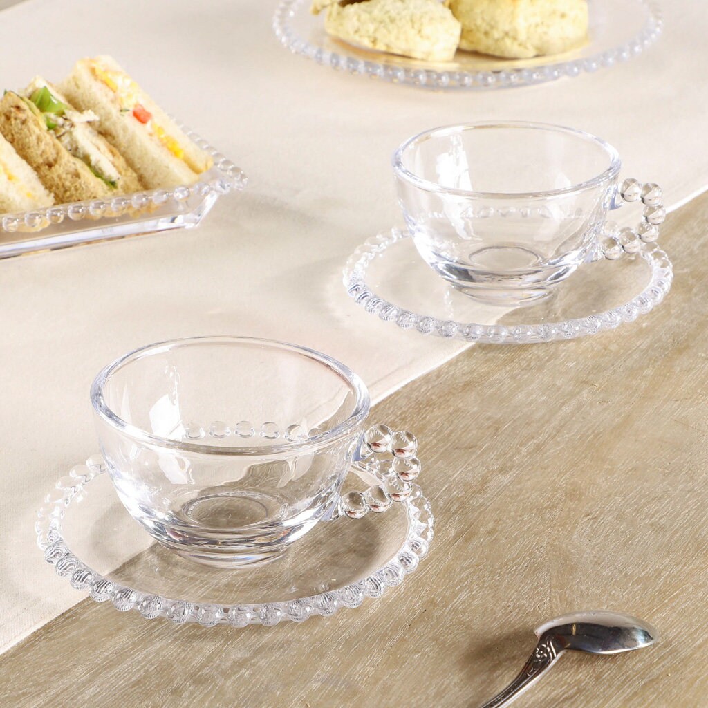 Set of 4 Clear Glass Cups and Saucers, Cut Clear Glass Coffee Cups, Clear  Glass Tea Cups Vintage Kitchen Decor 