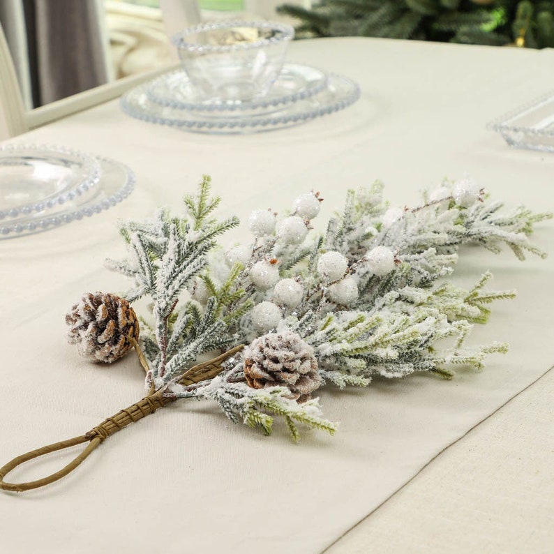 Christmas Dining Table Centrepiece Pine Cone & Fir Spray Table Garland Swag with White Cotton Details Rustic Winter Dining Room Décor image 1