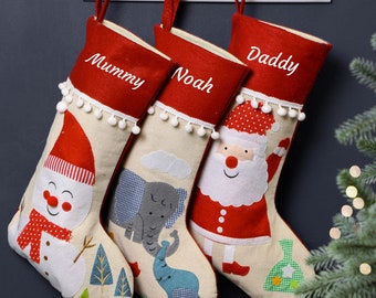 Personalised Children's Christmas Stocking Snowman Elephant Santa Claus Traditional Red Festive Xmas Gift Sack Stocking with Pom Pom Details
