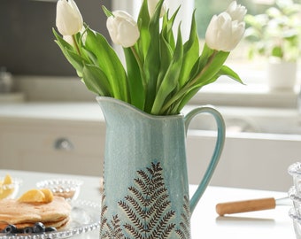 Ceramic Pitcher Jug Vase Shabby Chic Rustic Country Style Embossed Blue Flower Vase Decorative Floral Jug Planter Decorative Home Accessory